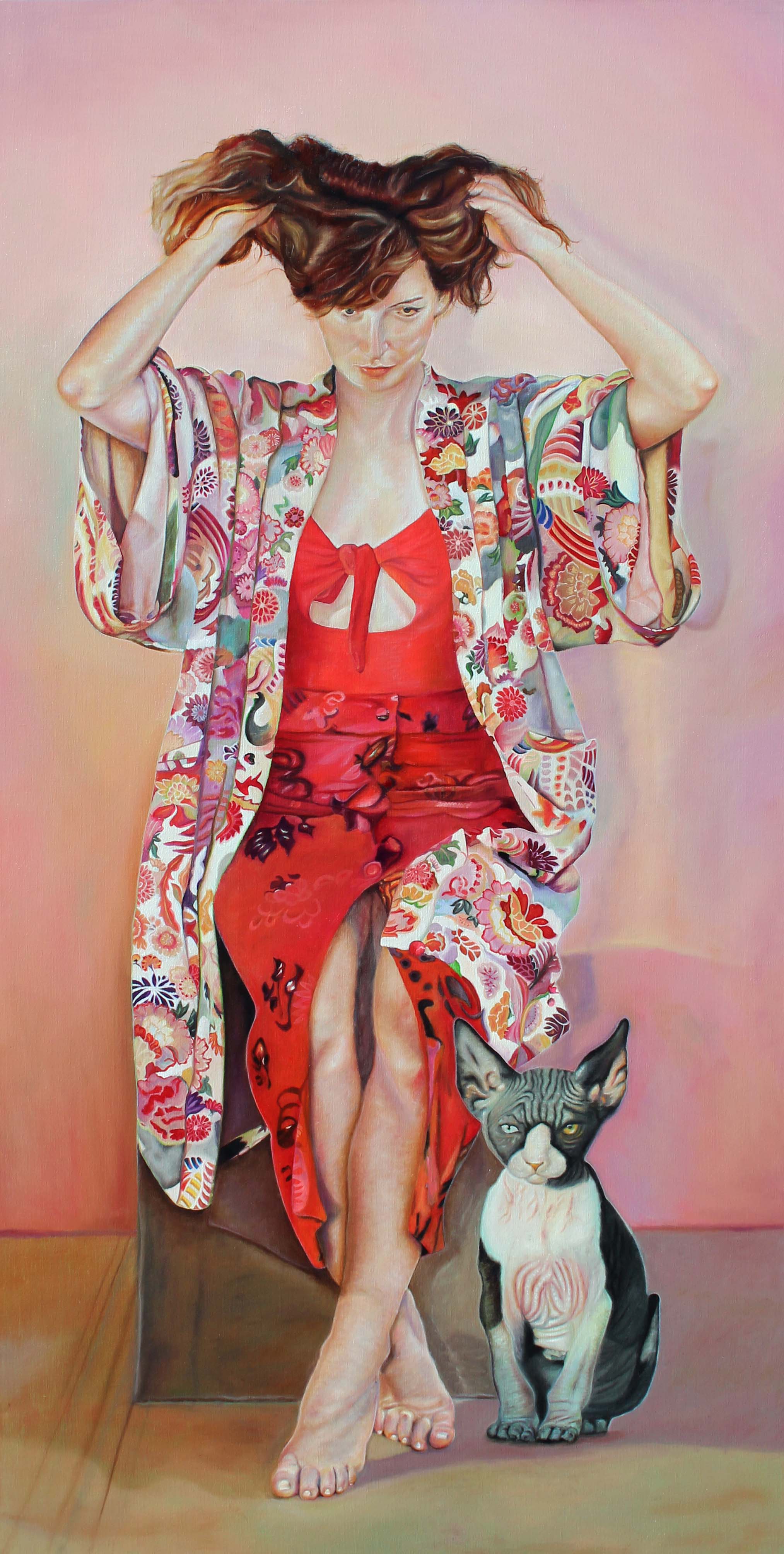 Zittende vrouw met kimono en naakthond. Olie op doek in alu kader. 100x200cm