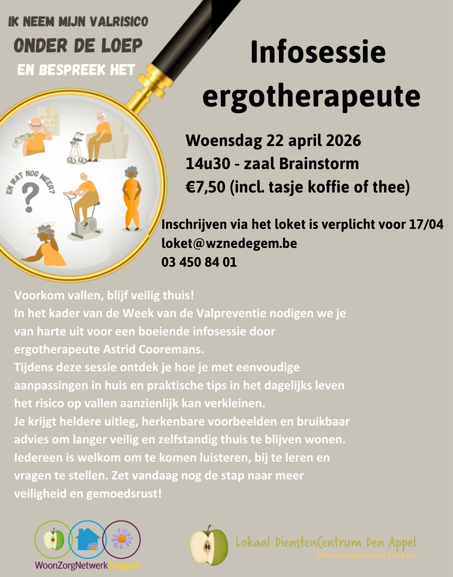 LDC Den Appel is een ontmoetingsplek waar welzijn, preventie en informatie centraal staan. Ons doel is thuiswonende ouderen uit Edegem te ondersteunen in hun dagelijks leven. Je kan bij ons terecht voor ao. activiteiten, lezingen, restaurant & café  