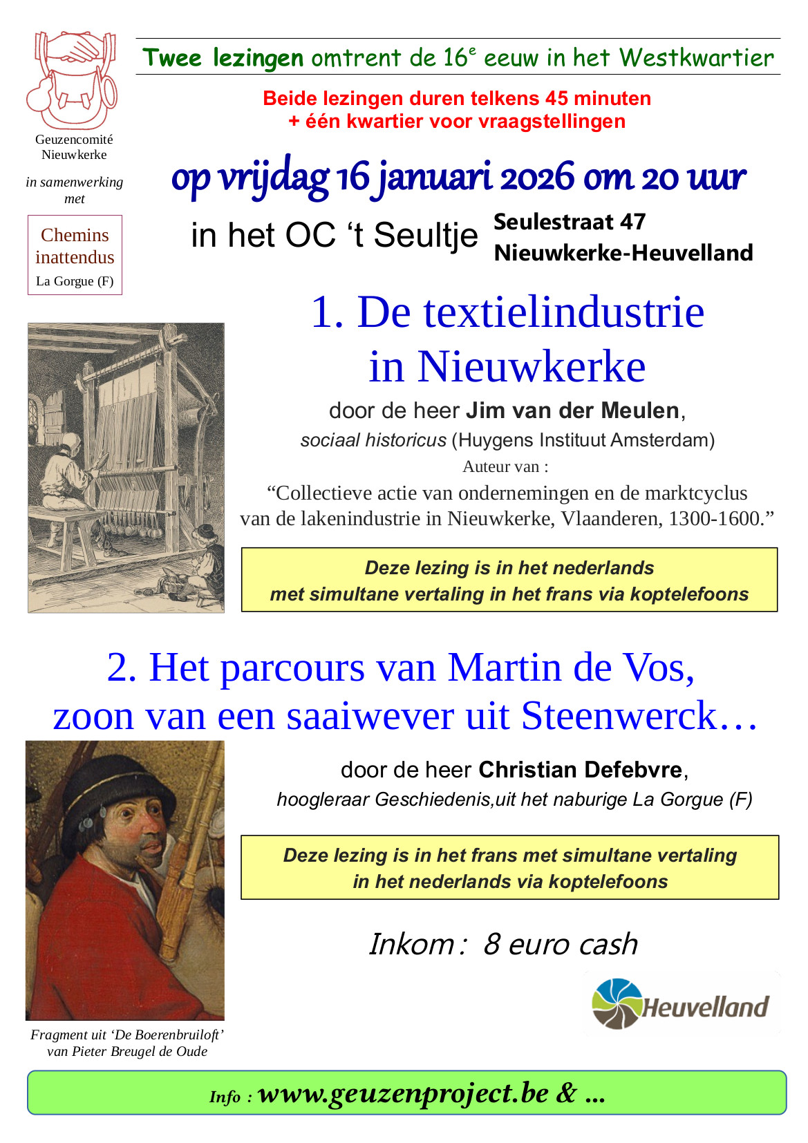 twee lezingen in OC 't Seultje op vrijdag 16 januari 2026 om 20u, inkom €8 cash