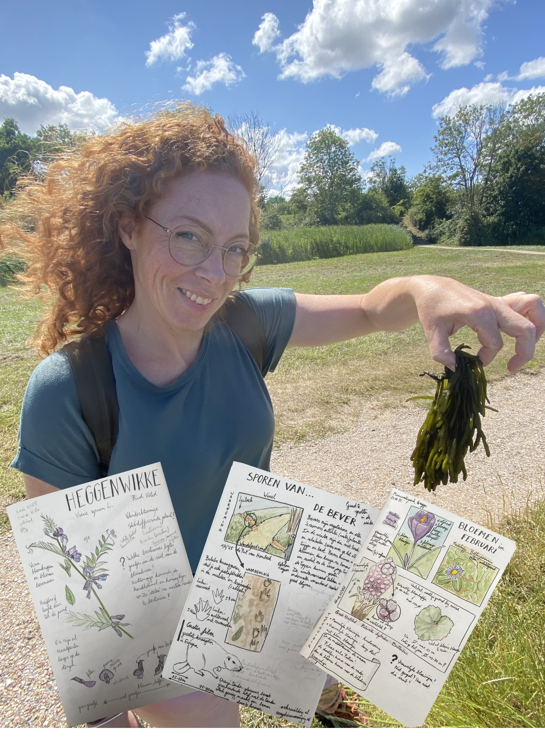 Eileen van Draw on Nature poseert met een blad en tekeningen in een park