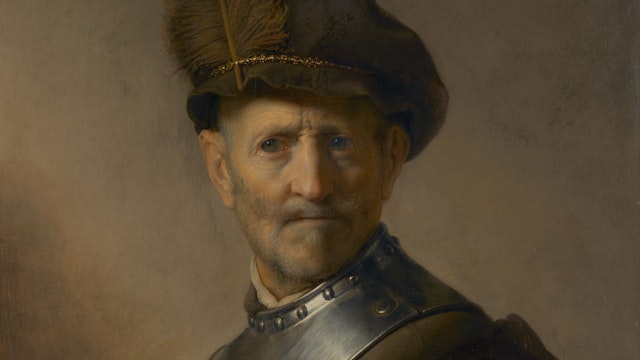 Oude man in militair uniform van Rembrandt