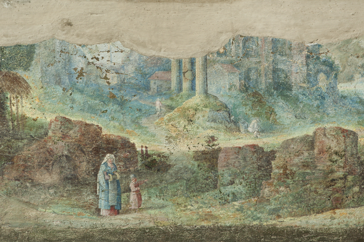 detail van fresco - Erasmushuis & Begijnhof