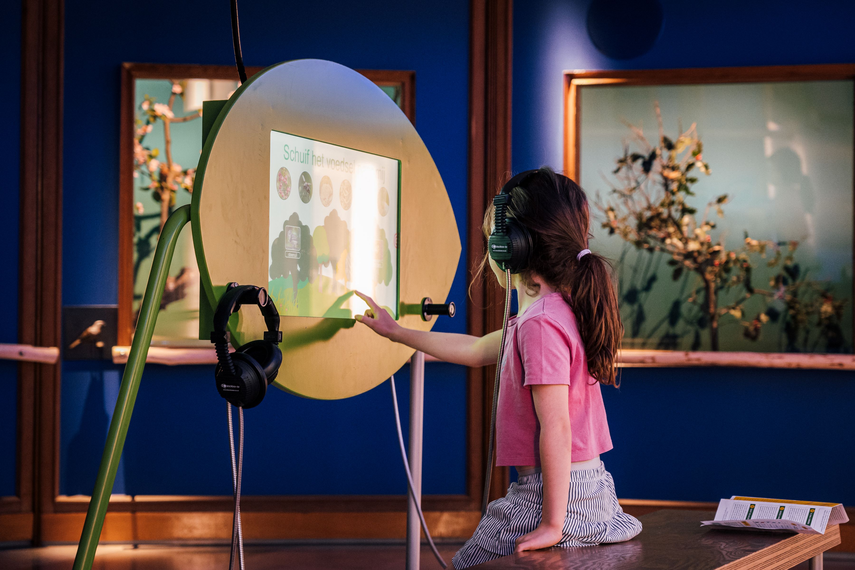 Een meisje kijkt naar een computerscherm in de expo over vogels