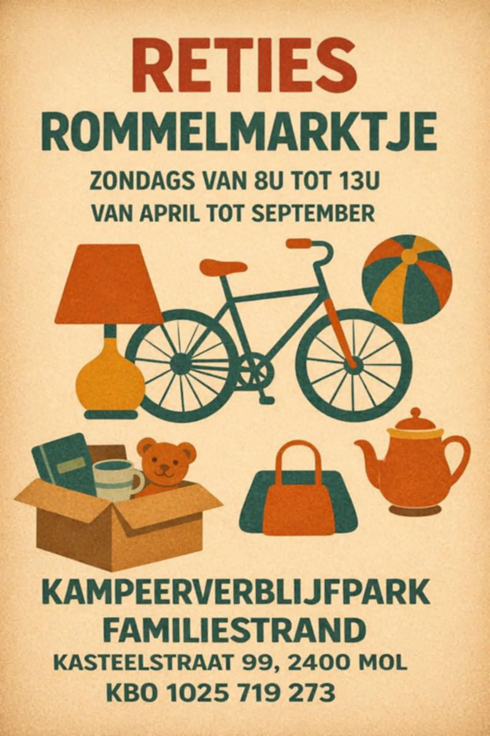 RETIES' ROMMELMARKTJE: vanaf 05.04 - 27.09.2026, elke zondag van 8 - 12u30/13u. Welkom