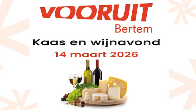 Banner van evenement met logo van Vooruit Bertem, data en voorbeeldfoto van kaas & wijn.