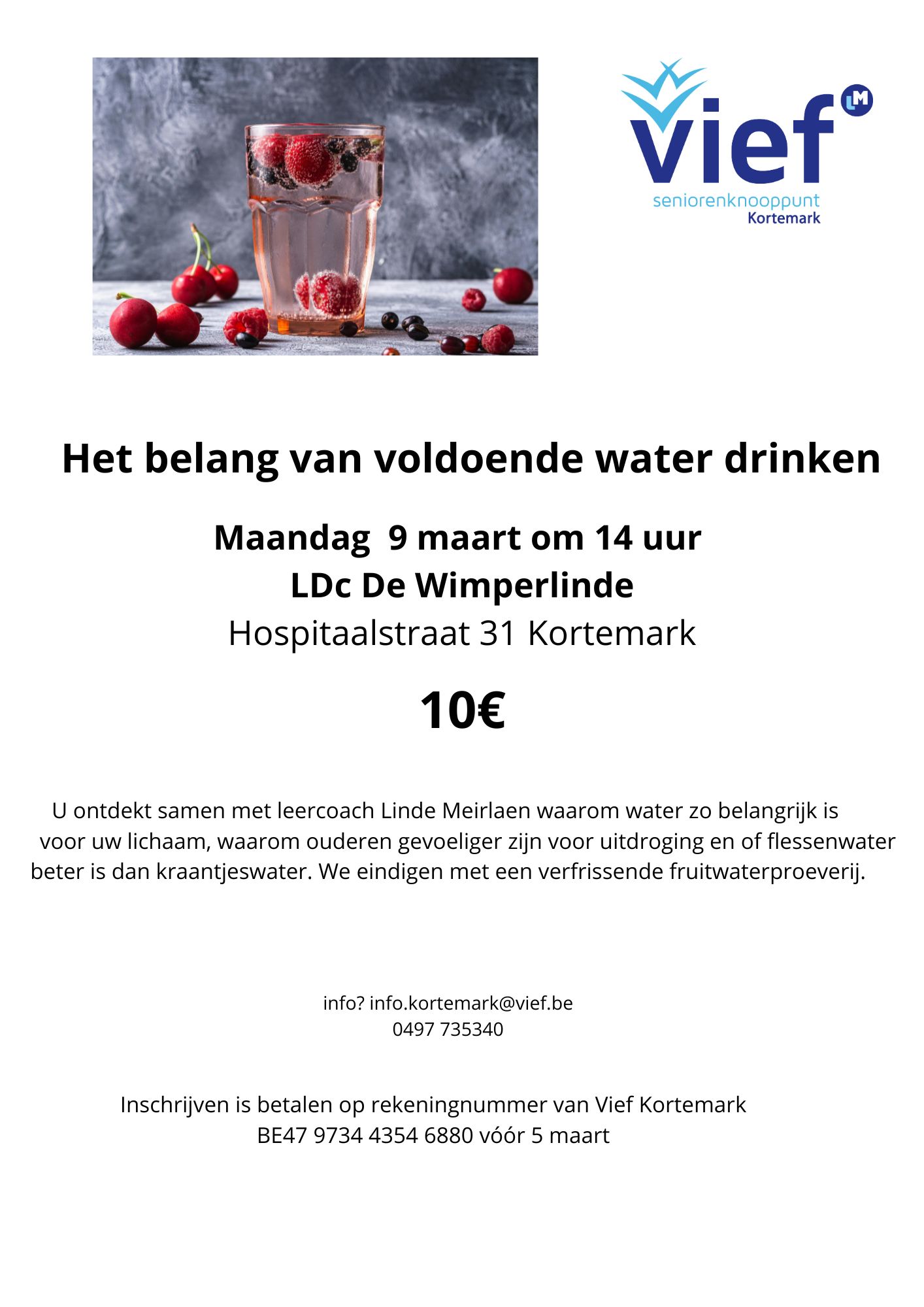 U ontdekt samen met leercoach Linde Meirlaan waarom water zo belangrijk is voor uw lichaam, waarom ouderen gevoeliger zijn voor uitdroging en of  flessenwater beter is dan kraantjeswater. We eindigen met een verfrissende fruitwaterproeverij.