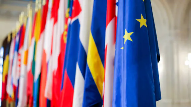 European Union member states flags one next to another