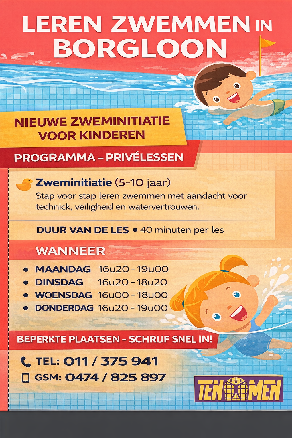 🏊‍♂️ Snelcursus zwemmen (4,5–10 j.) in Borgloon! Zwemplezier verzekerd, schrijf snel in!