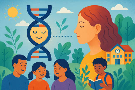 Illustratie met kinderen, een huis en op de achtergrond een DNA-slingger