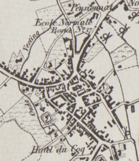 Fragment kaart Vandermaelen (midden 19de eeuw) met aanduiding van de oude Vestingsbeek