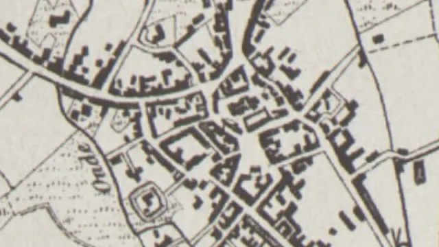 Fragment kaart Vandermaelen (midden 19de eeuw) met aanduiding van de oude Vestingsbeek