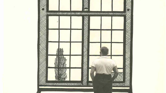 Kunstwerk man kijkt uit het raam