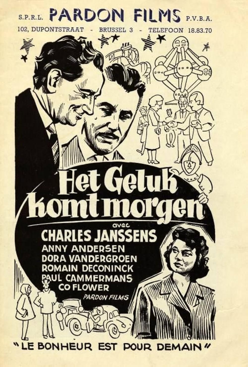 Zwart-wit filmadvertentie met tekeningen van mensen en tekst over "Het Geluk komt morgen".