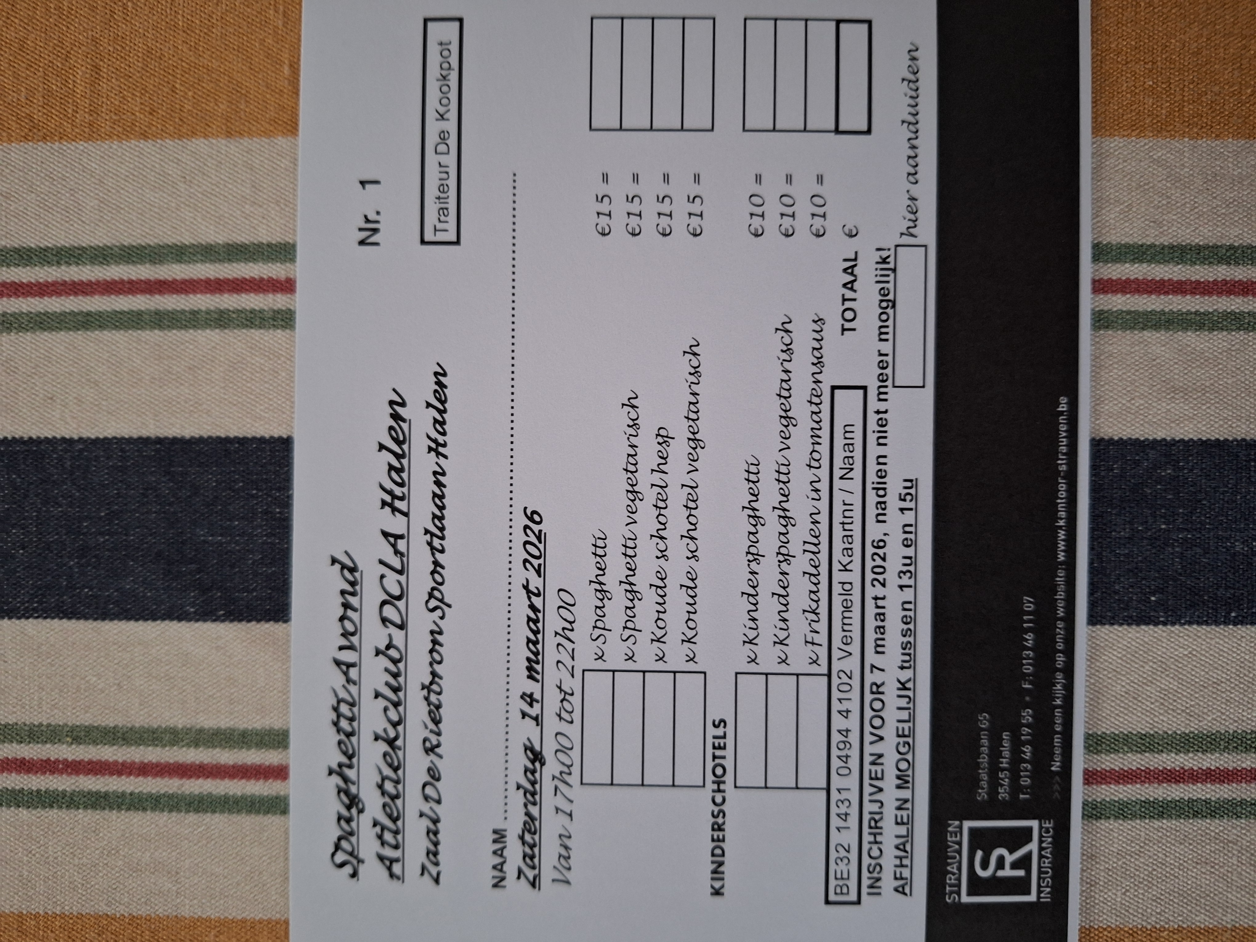 Spaghettiavond DCLA-Halen zaterdag 14 maart 2026