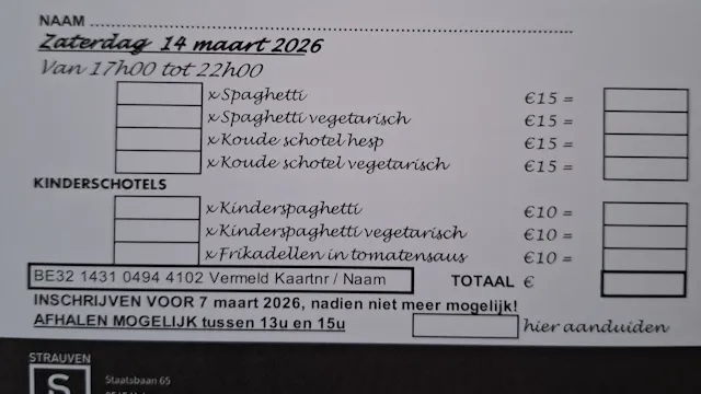 Spaghettiavond DCLA-Halen zaterdag 14 maart 2026