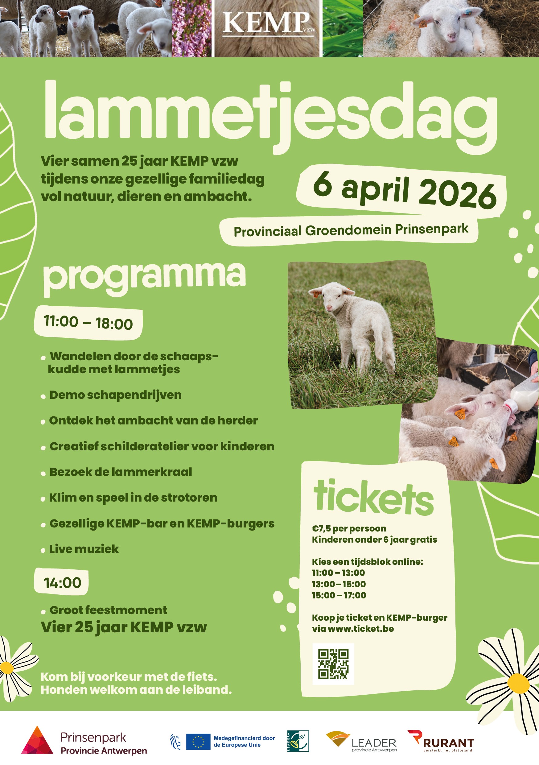 Op Paasmaandag 6 april 2026 vieren we 25 jaar KEMP vzw tijdens een gezellige Lammetjesdag in het Provinciaal Groendomein Prinsenpark. Een warme familiedag midden in de natuur waar je tussen de schaapskudde met pasgeboren lammetjes kan wandelen.