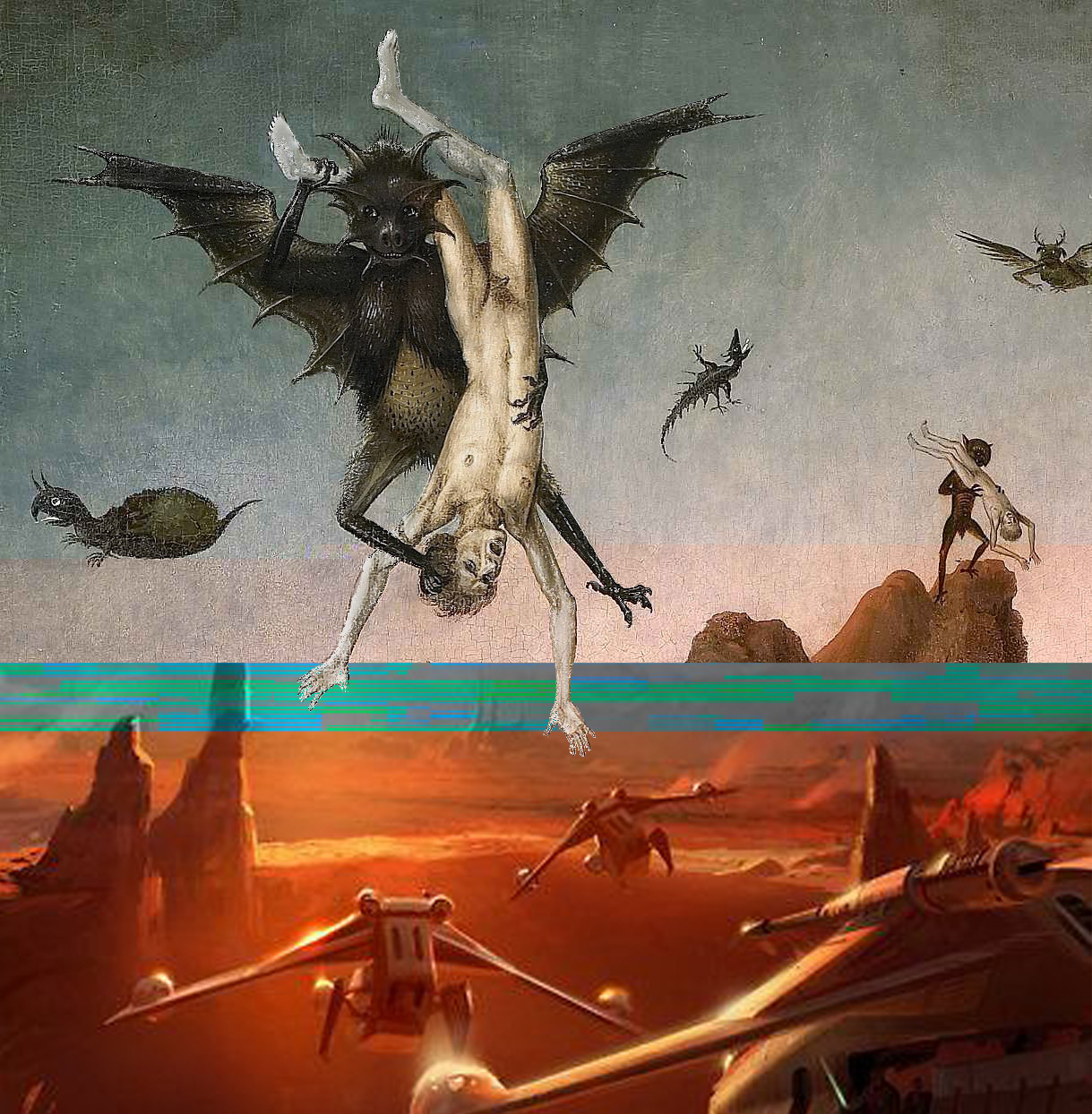 ‘De val van de verdoemden’, Dieric Bouts, ca. 1450 © RMN-Grand Palais (Palais des Beaux-Arts de Lille, Lille) | ‘Star Wars: Attack of the Clones (2002)’, digital concept art, Ryan Church © Lucas Museum of Narrative Art, Los Angeles