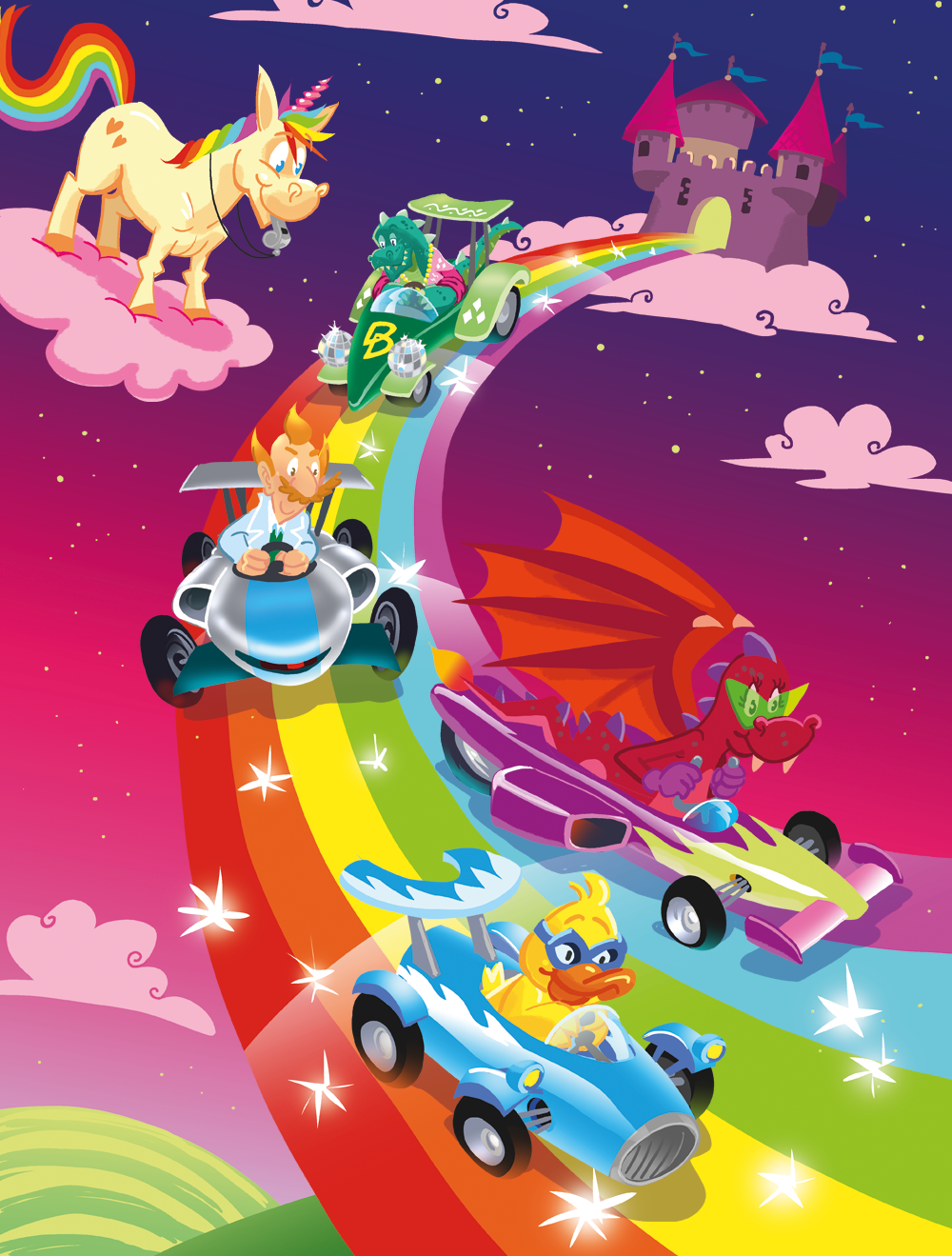 3, 2, 1… Start! Het startschot is gegeven. De grote race van Happy de Unicorn is begonnen! Ballie, Jamon en Toet racen over regenbogen, springen over wolken en vliegen langs glinsterende bochten. Wie zal er als eerste over de finishlijn vliegen?