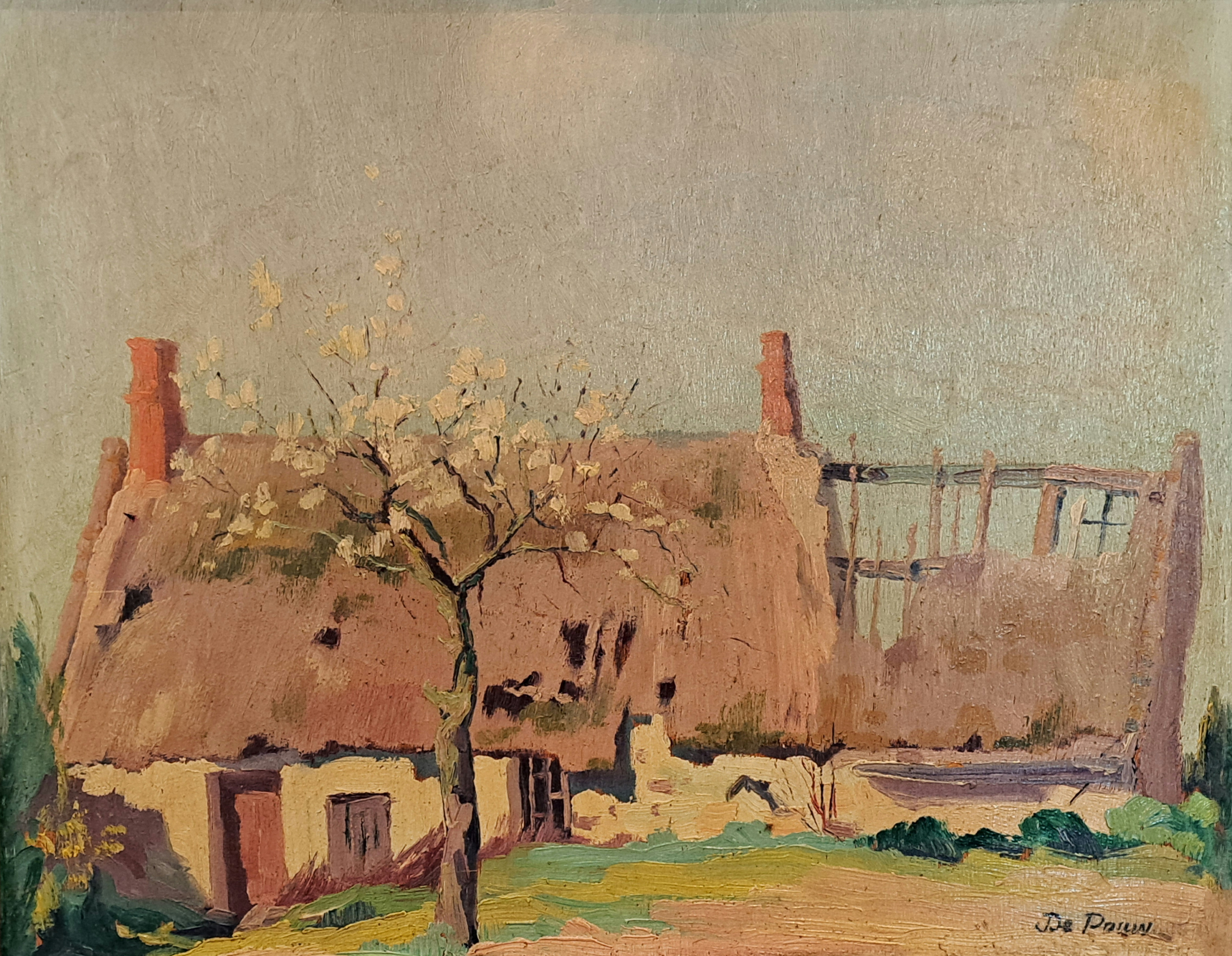 Schilderij 'Bouwvallige hoeve' van Jef De Pauw (Sint-Niklaas, 1888 - Temse, 1930)