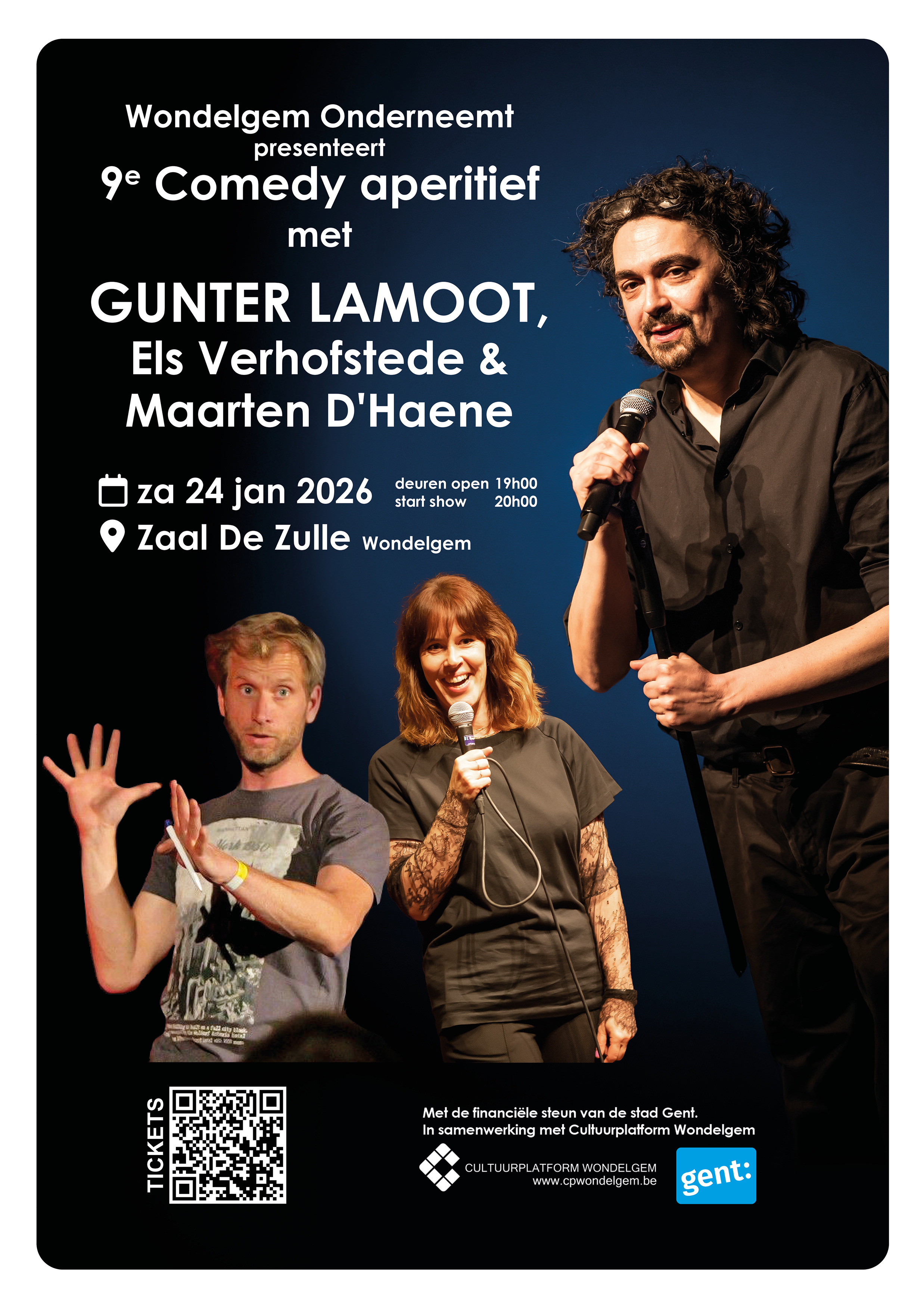 Flyer comedy aperitief met Gunter Lamoot, Els Verhofstede en Maarten D'Haene