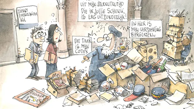 Cartoon van Joris Snaet, bewaard in het Universiteitsarchief van KU Leuven