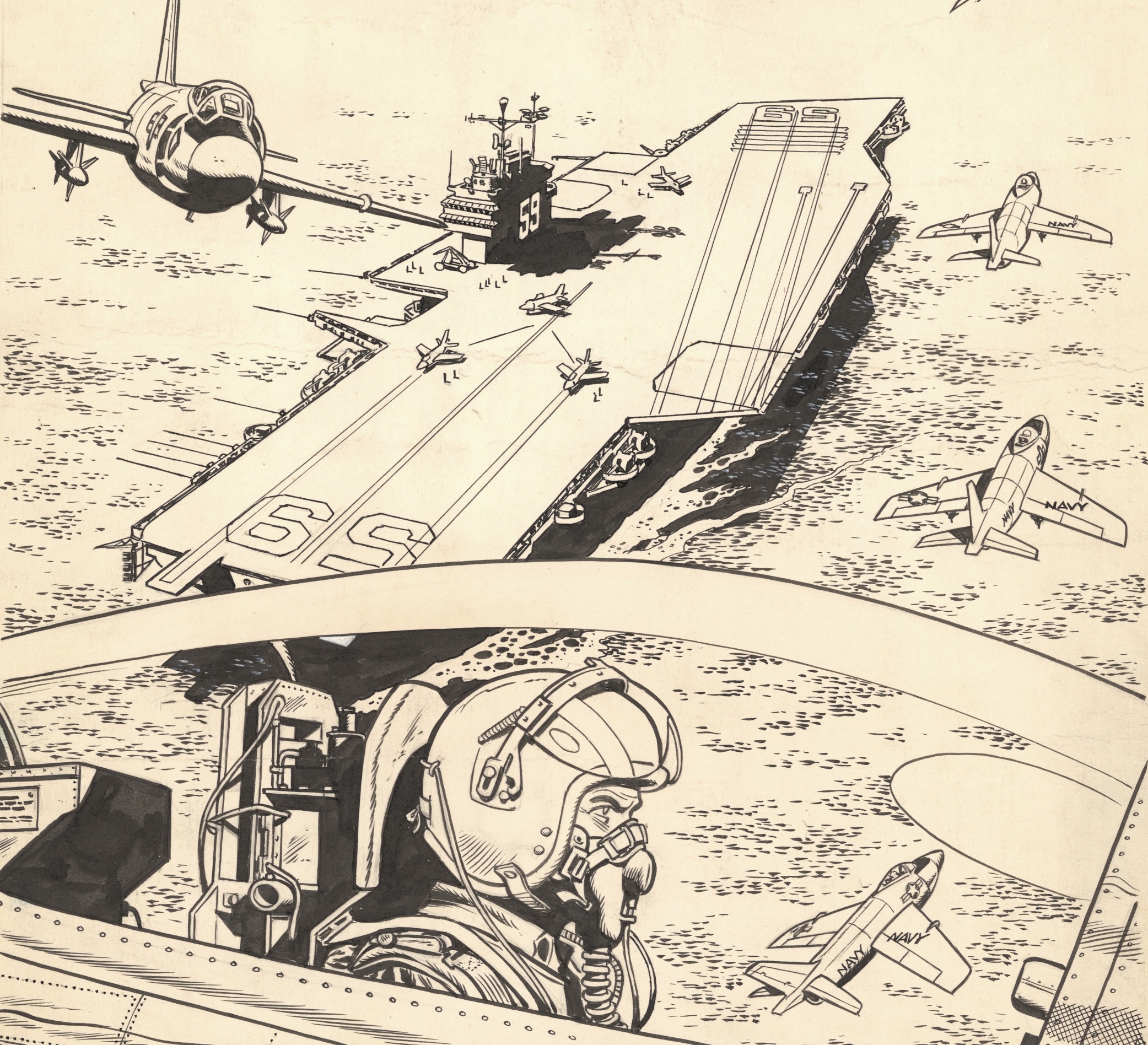 (Détail) Buck Danny - SOS Soucoupes Volantes - Tome 20 - Couverture de l'album - 1959 - Encre de Chine sur papier - 37,5 x 26,6 cm