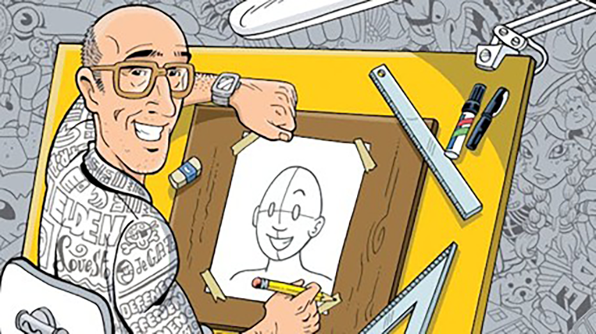 Cartoontekening van karikaturist Steven de Rie aan een tekentafel