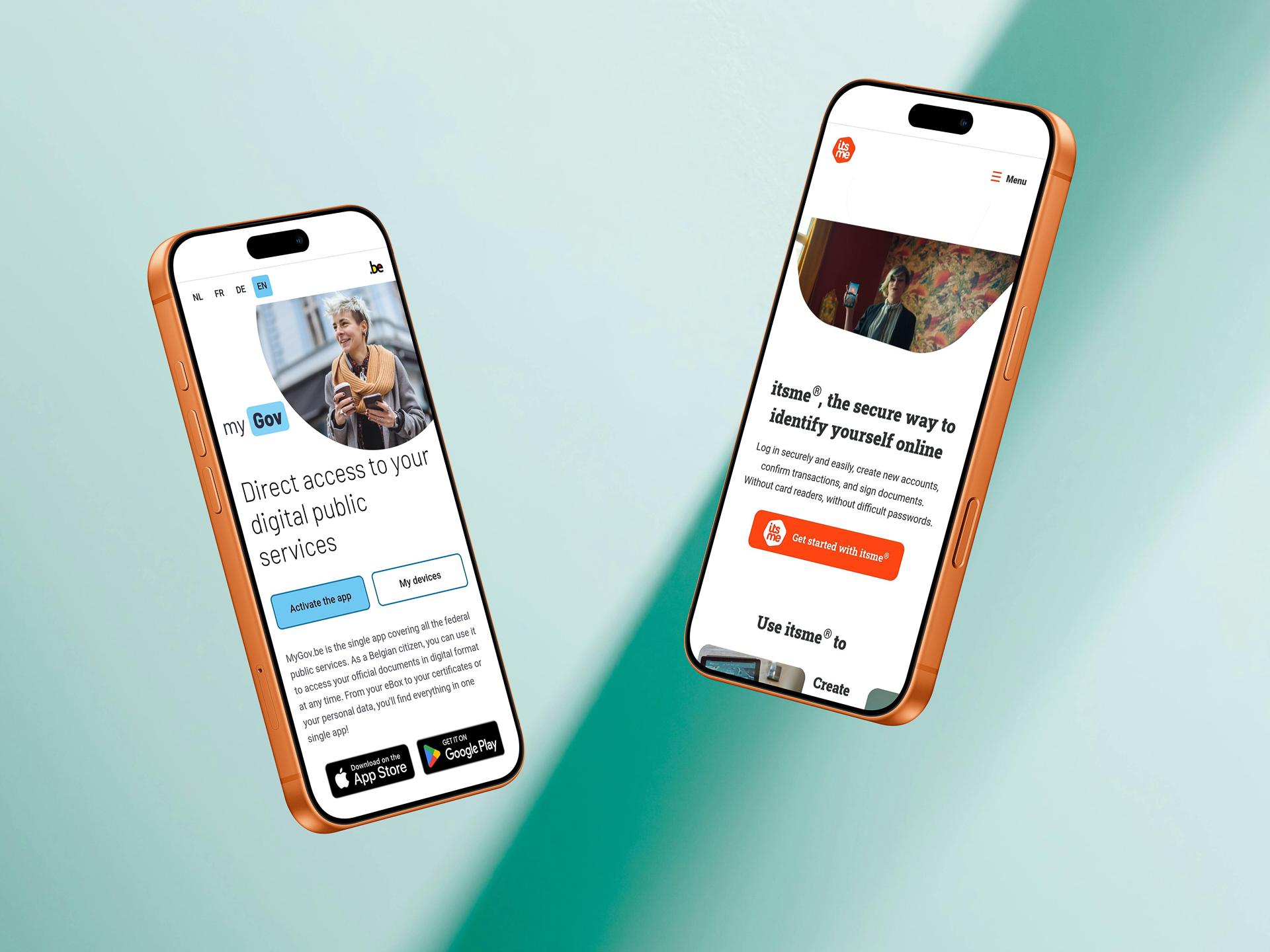 2 smartphone schermen naast elkaar, waarvan de ene MyGov toont en de andere itsme