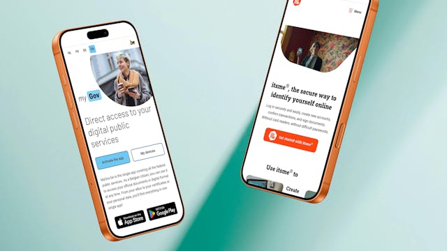 2 smartphone schermen naast elkaar, waarvan de ene MyGov toont en de andere itsme