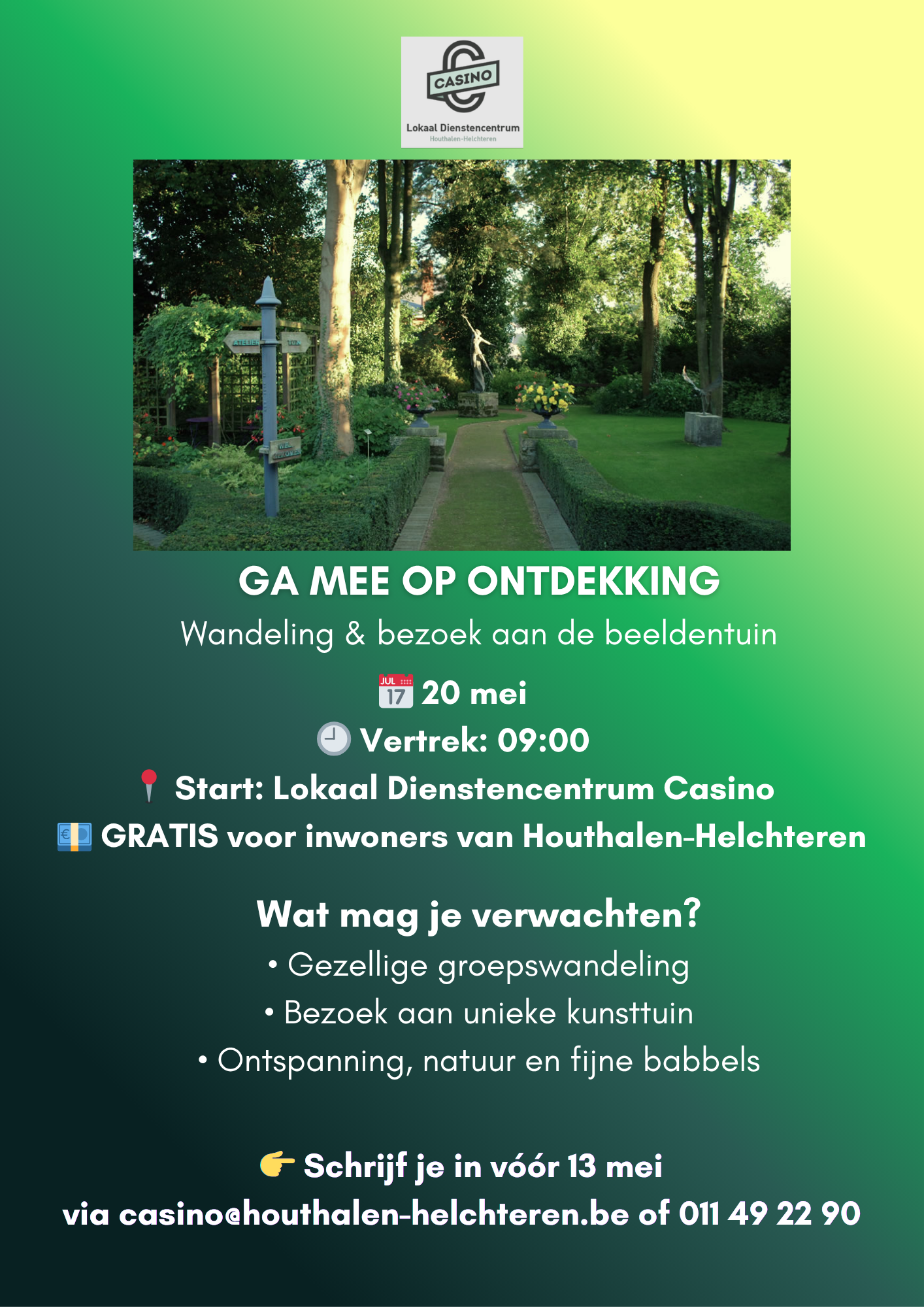 🌿 Ga mee op ontdekking! Wandeling + bezoek aan de Beeldentuin Staf Timmers op 20 mei om 9u, vertrek LDC Casino. Gratis voor inwoners van Houthalen-Helchteren. Inschrijven vóór 13 mei via casino@houthalen-helchteren.be  of 011 49 22 90 🌼