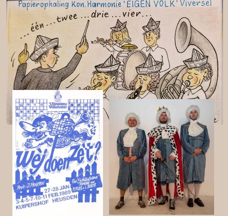 cartoon over papierophaling, affiche van Heusdens Volkstheater en foto van Klein Teater Bolderberg