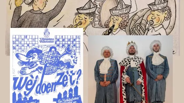 cartoon over papierophaling, affiche van Heusdens Volkstheater en foto van Klein Teater Bolderberg
