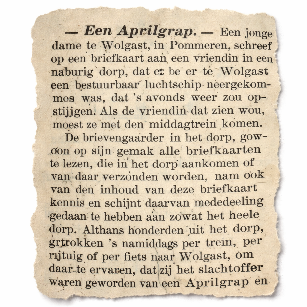 Een knipsel van een krantenartikel uit 1909. Een nieuwsgierige postbode sleept een heel dorp mee in een aprilgrap. Een volgeladen trein later lijkt het luchtschip... een luchtschip!