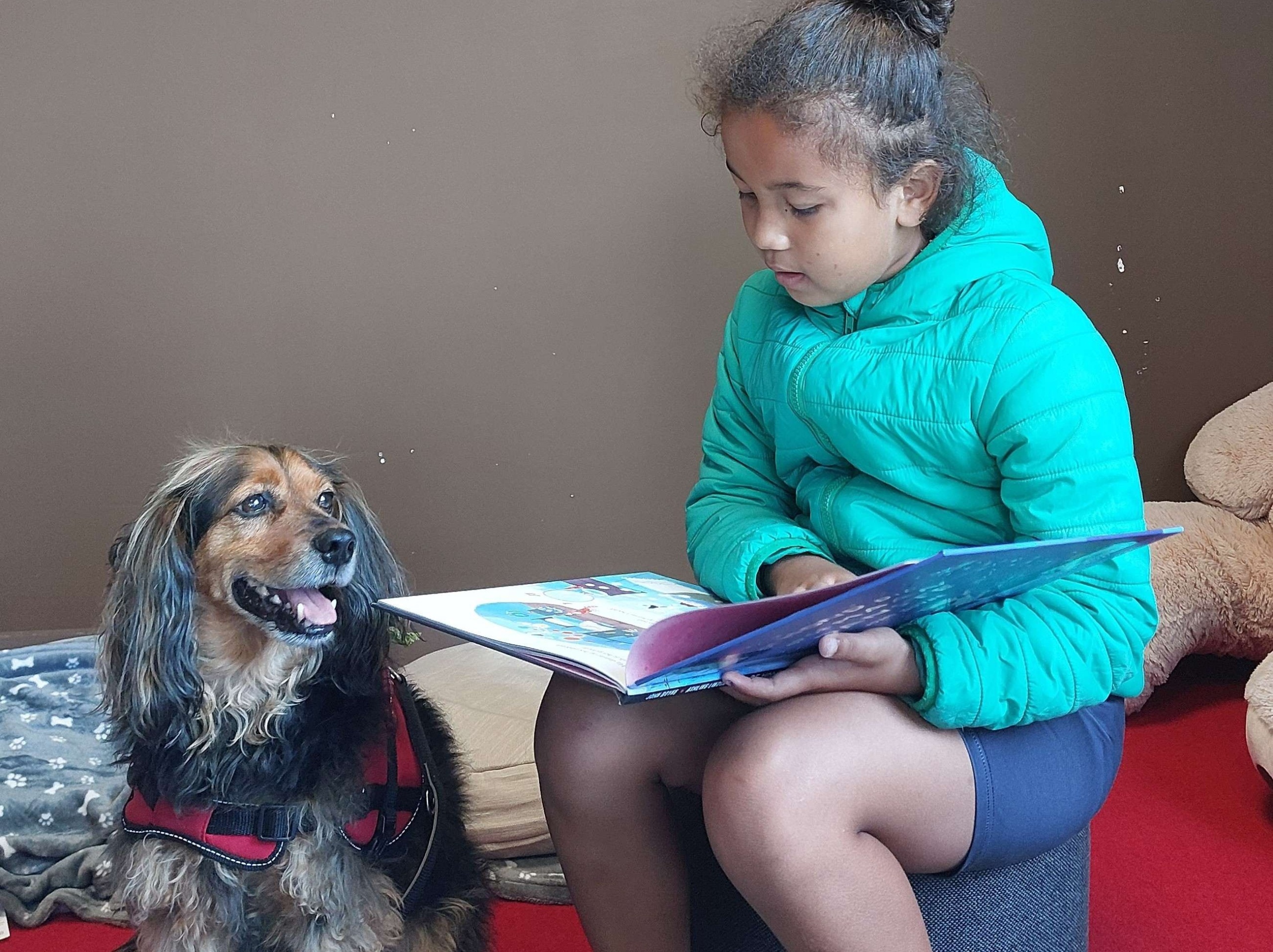 Een meisje in een turquoise jas leest een boek voor aan een hond met een rood harnas, die aandachtig luistert. Ze zitten binnen op een rode vloer, met een bruine muur op de achtergrond.