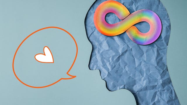 hoofd uit krantenpapier met gekleurd oneindigheidsteken