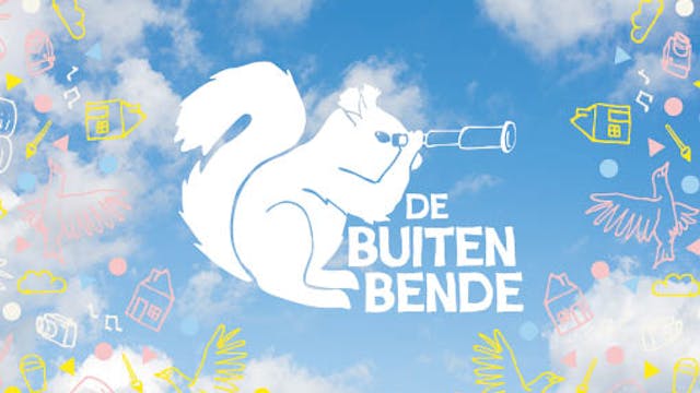 DE BUITENBENDE logo: een eekhoorn kijkt met een verrekijker naar tekeningen in de lucht