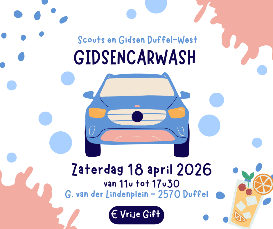Poster gidsencarwash 18 april 2026, G. Van der Lindenplein, 11u-17u30.