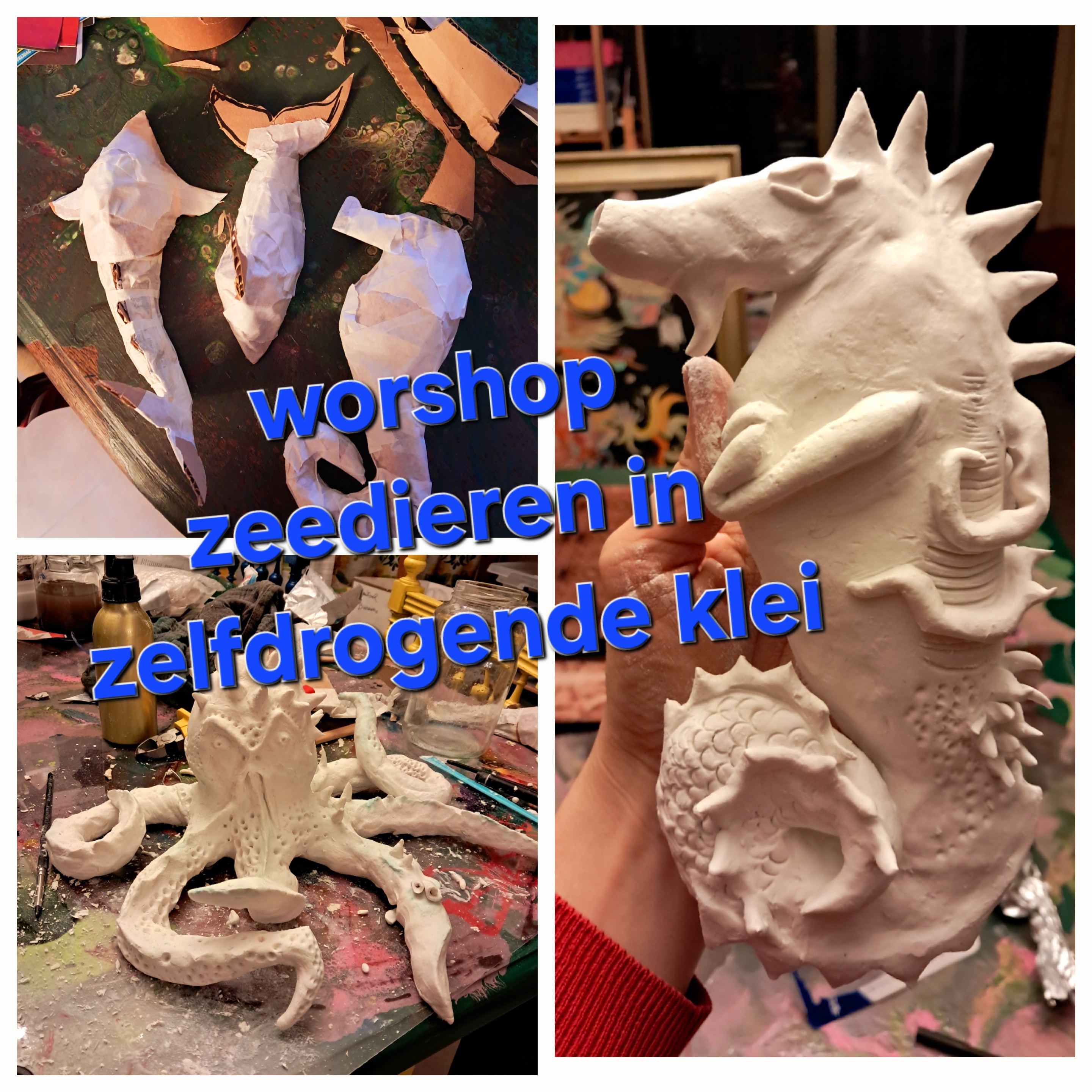 Tijdens deze creatieve workshop boetseren we zeedieren in zelfdrogende klei: van speelse zeepaarden en sierlijke octopussen tot fantasiewezens uit de diepte van de zee.  Geen voorkennis nodig.  Kleine groepen voor persoonlijke begeleiding en rust.
