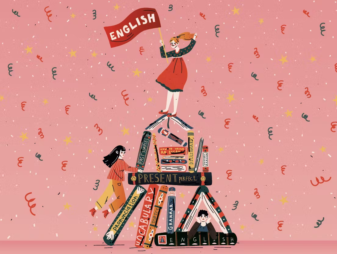 tekening met Engelstalige boeken op elkaar gestapeld als een soort huisje en 3 figuurtjes.