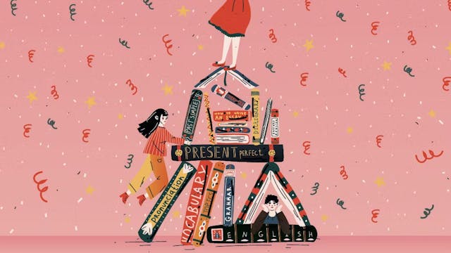 tekening met Engelstalige boeken op elkaar gestapeld als een soort huisje en 3 figuurtjes.