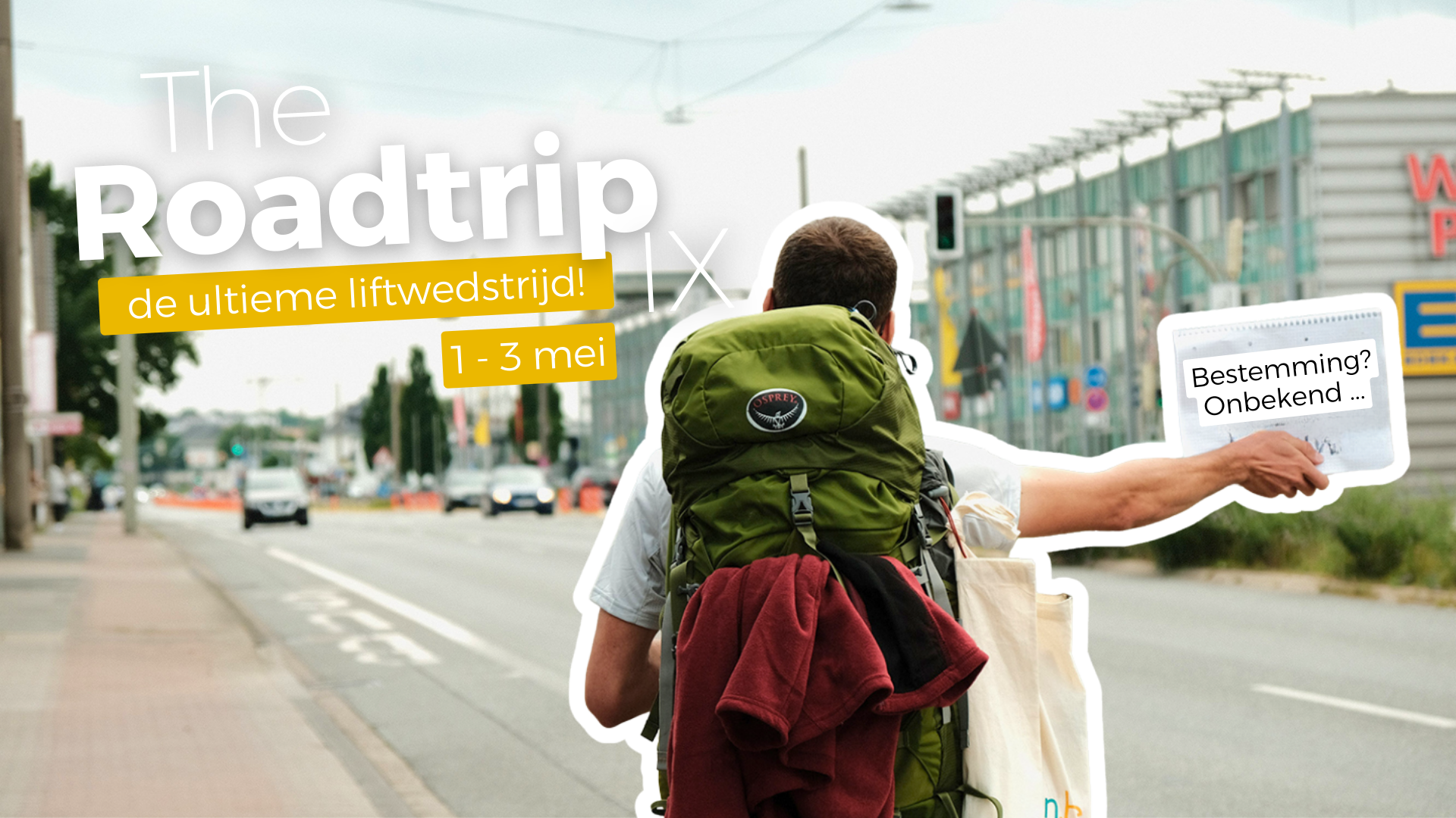 Liftende man met rugzak