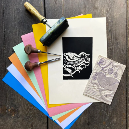 Afbeelding linoleumsnede, druk en materiaal