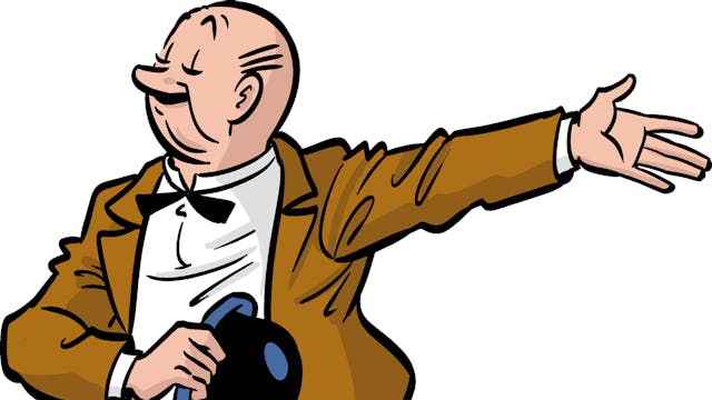 Lambik, met bolhoed in de rechterhand, maakt uitnodigend gebaar met linkerarm