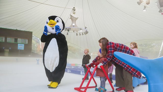 Gezinsschaatsen met mascotte Kwikkie op het ijs