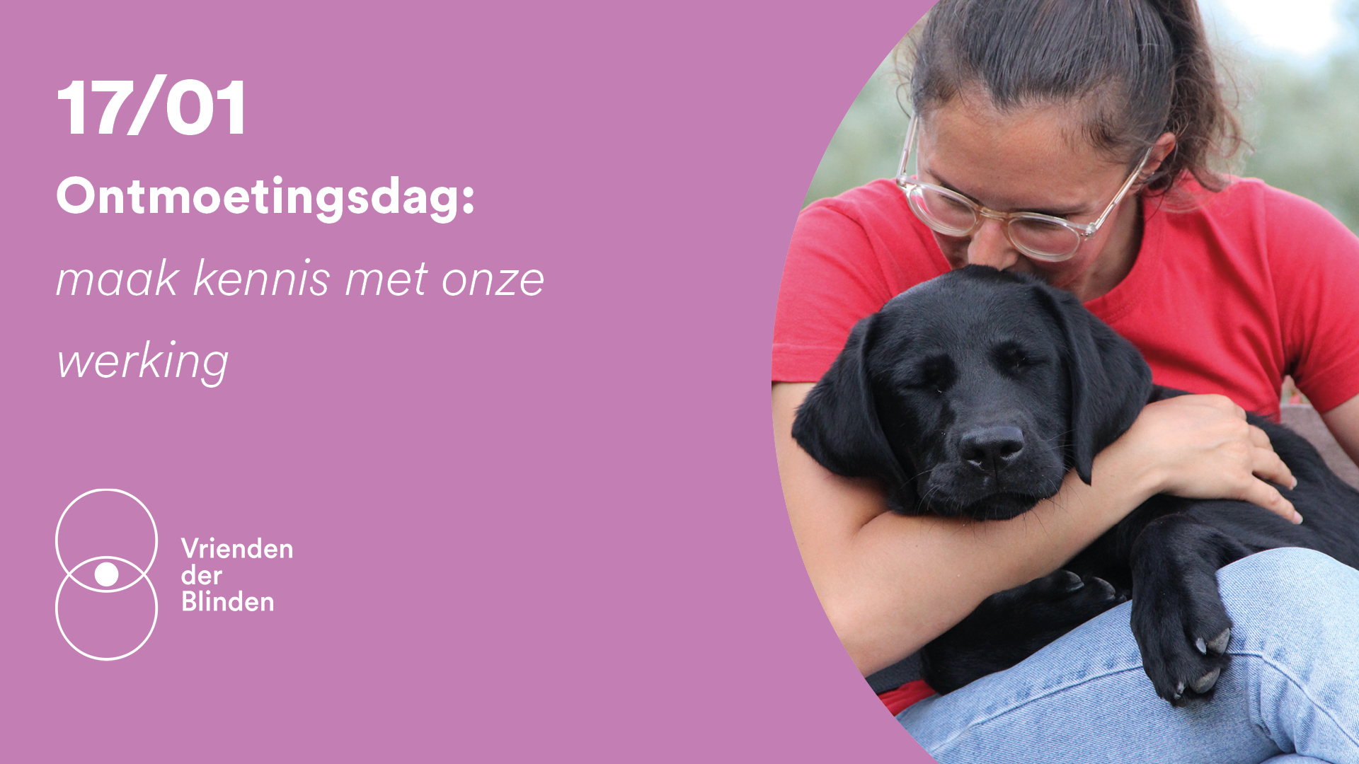 Links staat de tekst: 17/01 Ontmoetingsdag: maak kennis met onze werking, samen met het logo van Vrienden der Blinden. Rechts staat een foto van een jongedame die een zwarte labradorpup op haar schoot knuffelt en een zoen geeft.