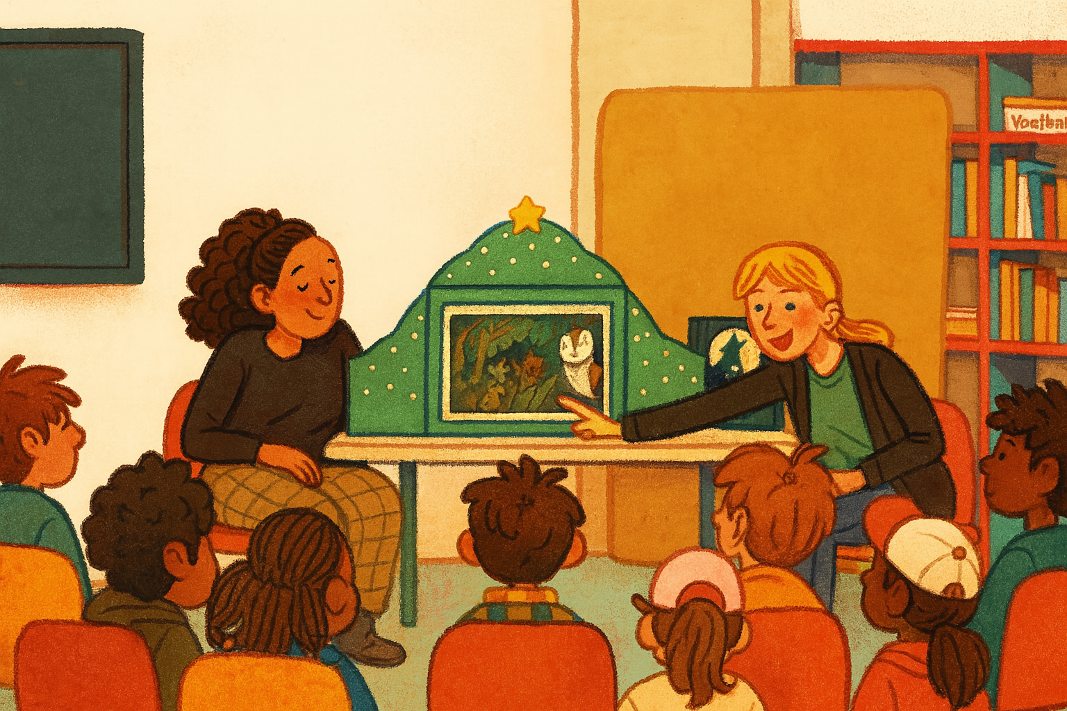 tekening van vrijwilligers die een verhaal voorlezen met de kamishibai aan een groep kinderen.