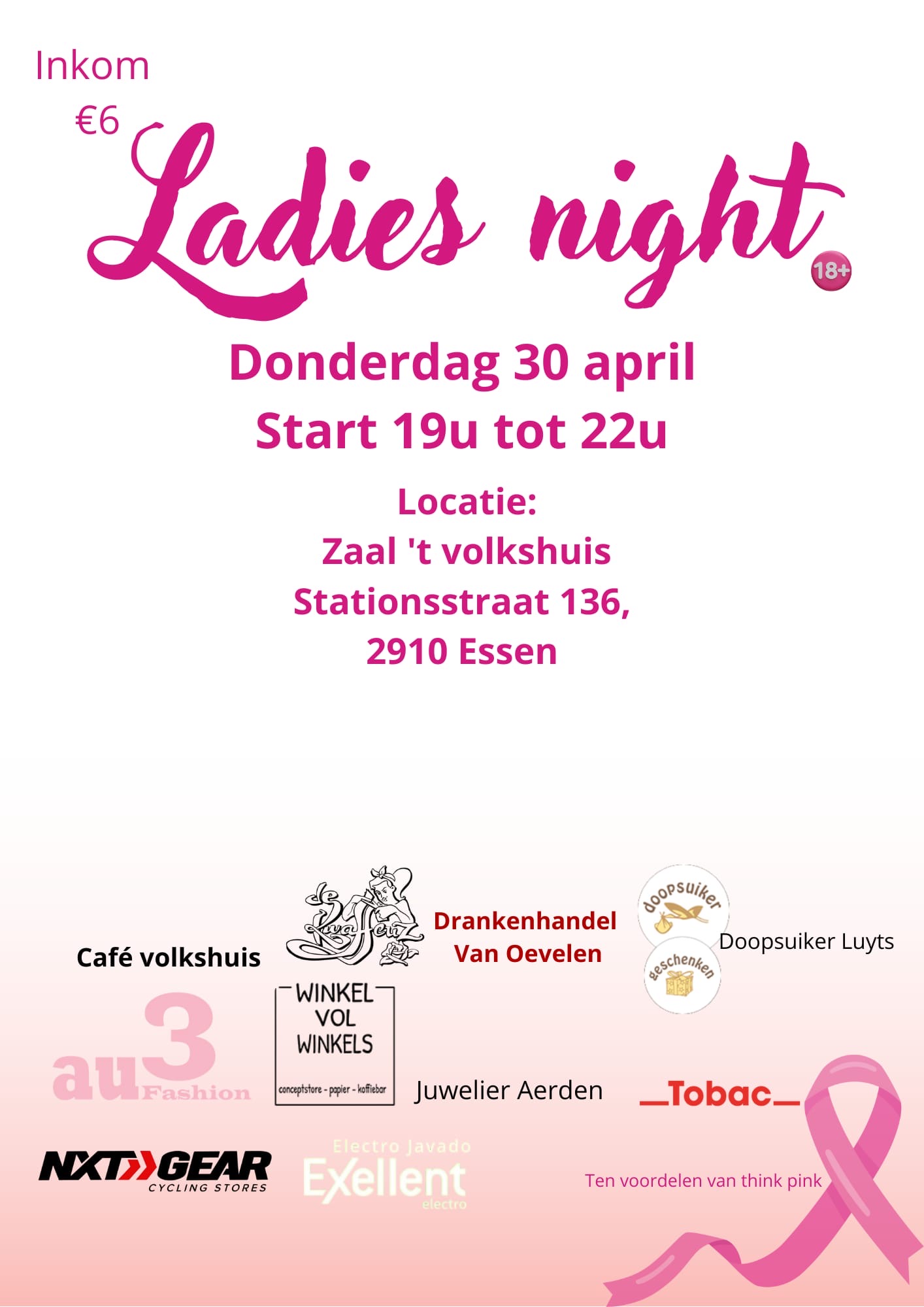 Kom genieten van een gezellige en sfeervolle ladies night, ontdek en laat je verwennen door de vele leuke standhouders. Samen steunen we Think Pink.