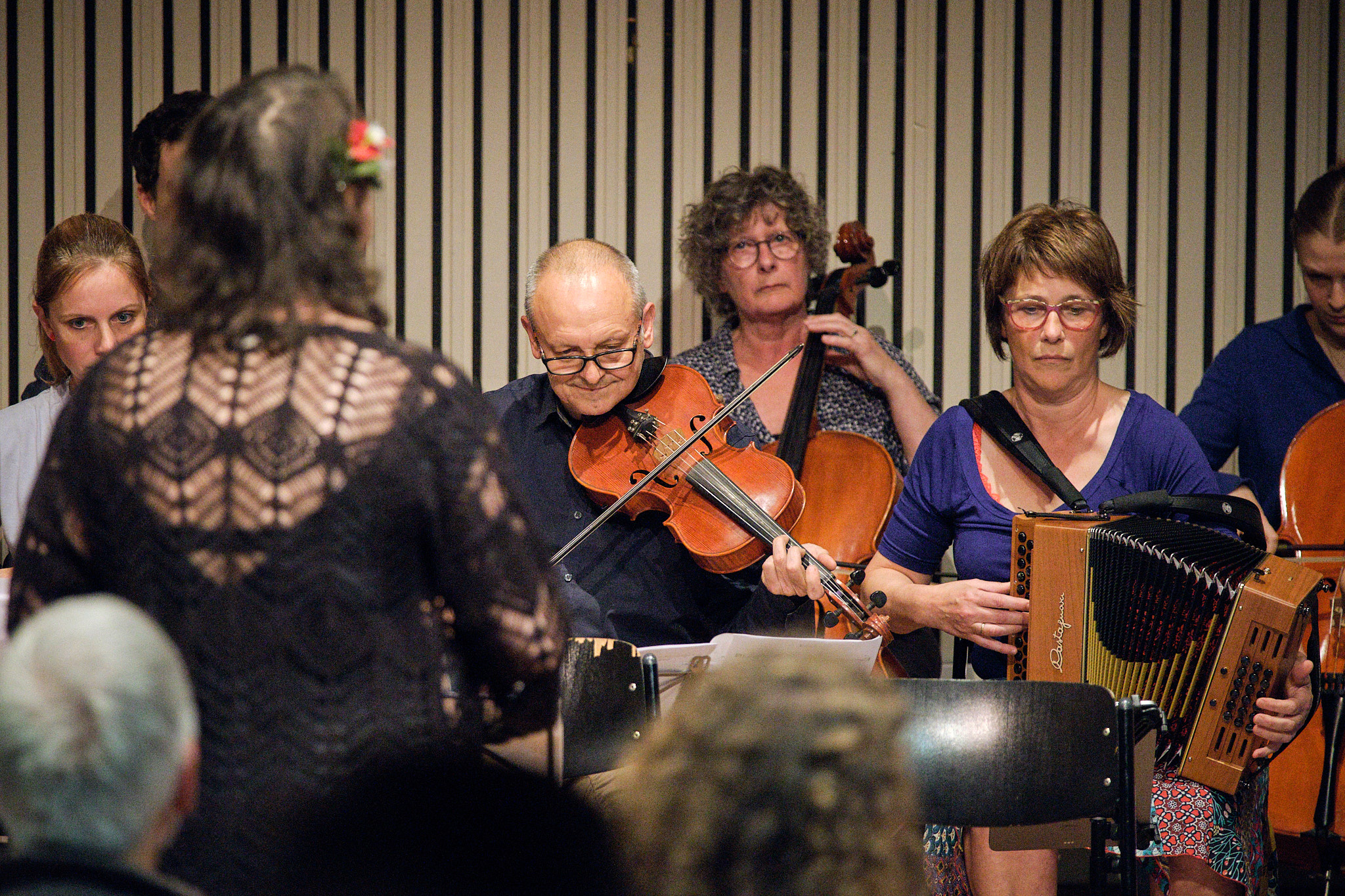Foto muzikanten, viool, accordeon en cello