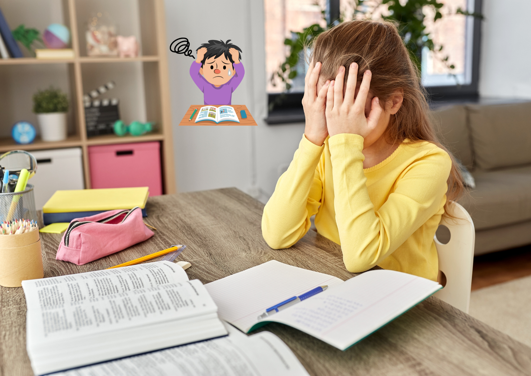 kind ongelukkig op bureau bij leerboeken