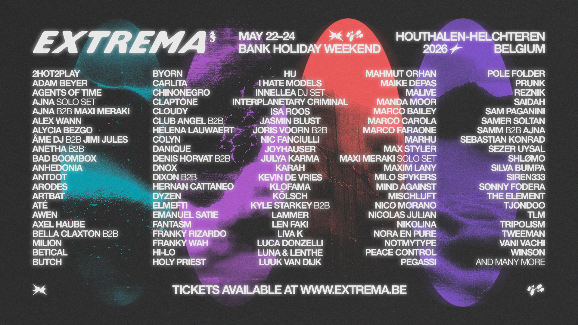 De officiële Extrema Outdoor 2026 line-up: een krachtige mix van internationale headliners en opkomend talent klaar om het weekend te laten knallen.